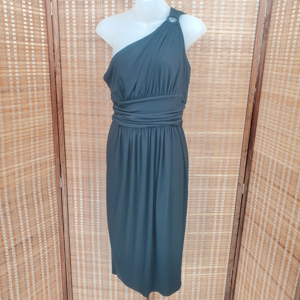 ♡ Maggy London Black One Shoulder Midi Cocktail Dress Size 10 NWT
